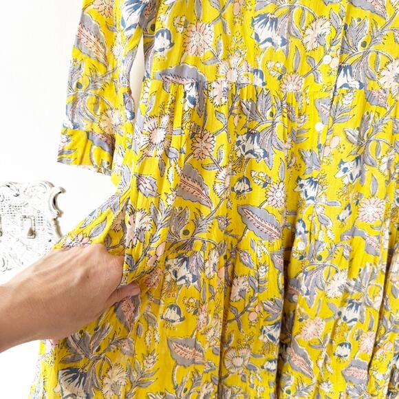 Shade Amour Yellow and Pink Block Print Floral Tiered Button Front Dress S - Picture 3 of 6